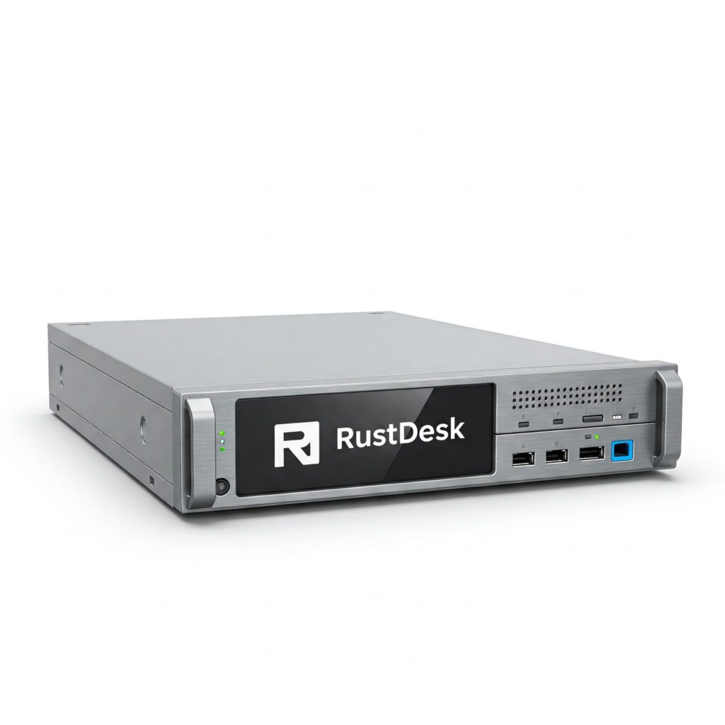 Server mit Aluminiumgehäuse und RustDesk-Server-Symbol auf dem Bildschirm. Professioneller Rack-Server für Fernzugriff und Remote-Desktop-Lösungen. Ideal für IT-Infrastruktur und Servermanagement. Hochauflösende Darstellung des Servers mit klarem RustDesk-Logo. Optimiert für SEO mit relevanten Schlüsselwörtern wie Server, RustDesk, Fernzugriff, Remote-Desktop, 1U-Server, Aluminiumgehäuse, IT-Infrastruktur, Servermanagement.