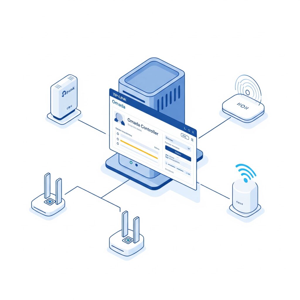 Das Bild ist eine vereinfachte, grafische Darstellung des TP-Link Omada SDN Systems. Im Zentrum befindet sich ein stilisierter Server, der durch seine Form und angedeutete Recheneinheiten als solcher erkennbar ist. Auf diesem Server ist eine Benutzeroberfläche oder ein Bildschirm visualisiert, der das Omada Controller-Interface symbolisiert und die softwaredefinierte Natur des Systems hervorhebt.