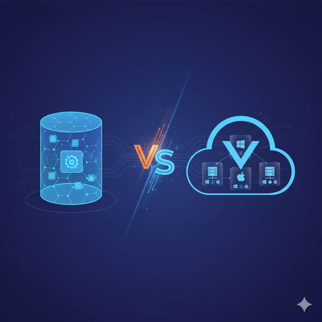 Digitales, symbolisches Schaubild im Stil eines Technik-Hintergrunds (Dunkelblau mit leuchtenden Linien). Das Bild ist diagonal durch einen leuchtenden Blitz geteilt, in dessen Mitte in leuchtendem Orange und Blau das Wort "VS" (Versus) steht. Linke Seite (LXC-Container): Eine leuchtend blaue, transparente, zylinderförmige Struktur, die einen Container symbolisiert. Im Inneren befinden sich stilisierte Applikations-Icons und ein Zahnrad-Symbol, eingebettet in ein Netzwerk aus feinen Linien. Dies steht für die leichtere, geteilte Betriebssystem-Umgebung des Containers. Rechte Seite (Virtuelle Maschine / VM): Eine helle, wolkenartige Form, die die Cloud oder Virtualisierung darstellt. Darin sind mehrere kleine Server-Racks oder Desktop-Icons zu sehen, die unterschiedliche Betriebssysteme (wie Windows, Linux-Tux-Pinguin, Apple-Logo) abbilden, sowie ein Hypervisor-Symbol (z.B. ein stilisiertes "V" oder ähnliches), was die vollständige Isolation und die Möglichkeit, unterschiedliche Betriebssysteme zu hosten, symbolisiert.
